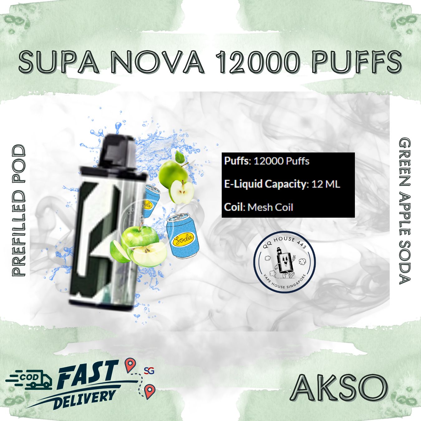 Green Apple Soda Akso Supa Nova 12000 Puffs prefilled pod disposable vape

