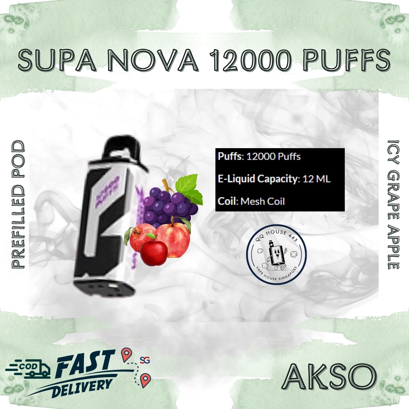 Ice Grape Apple Akso Supa Nova 12000 Puffs prefilled pod disposable vape
