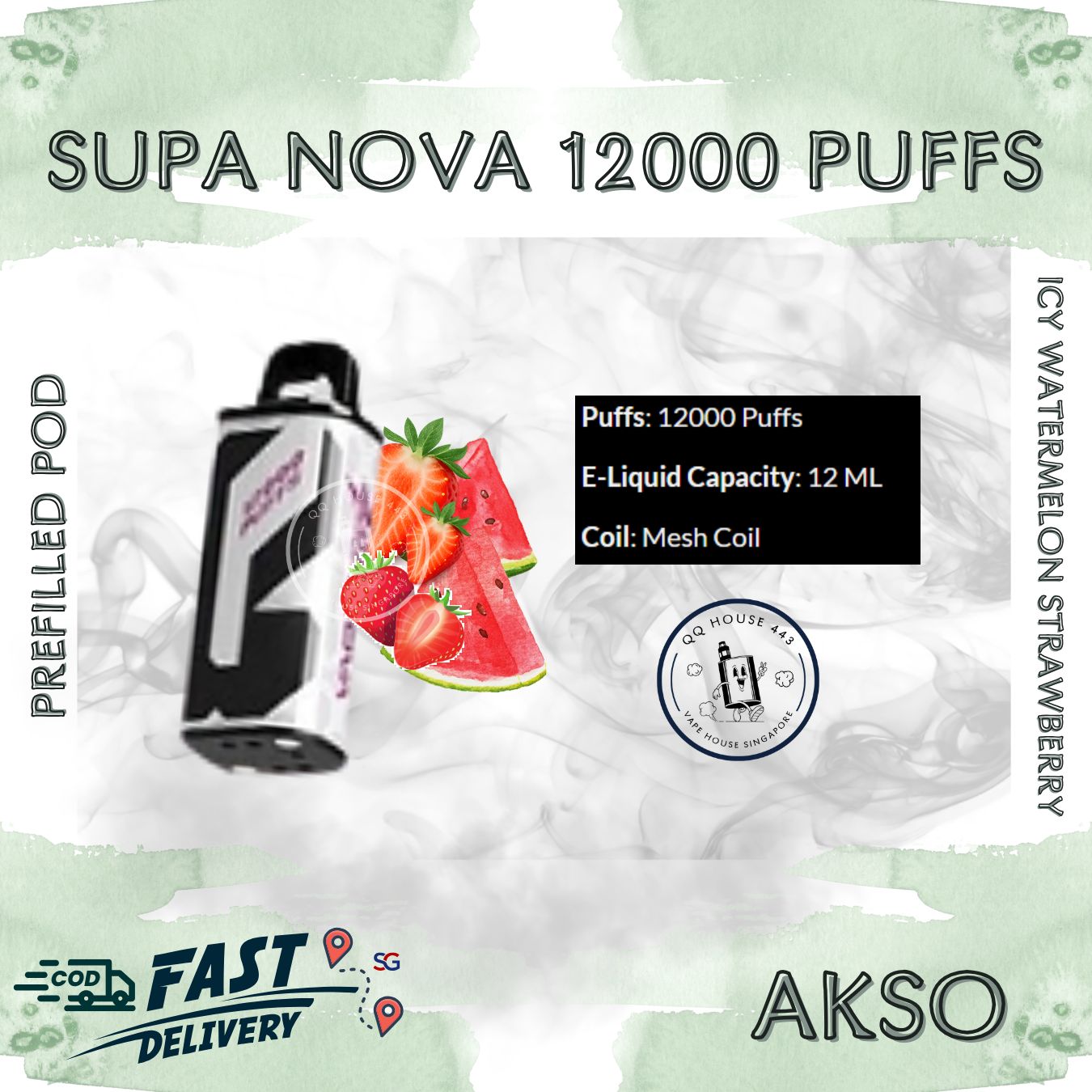 Icy Watermelon Strawberry Akso Supa Nova 12000 Puffs prefilled pod disposable vape
