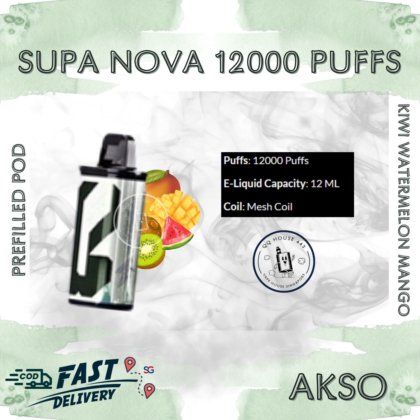 Kiwi Watermelon Mango Akso Supa Nova 12000 Puffs prefilled pod disposable vape
