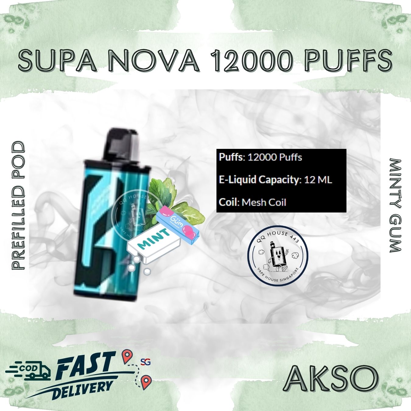 Minty Gum Akso Supa Nova 12000 Puffs prefilled pod disposable vape
