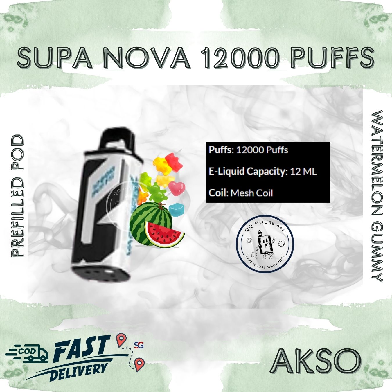 Akso Supa Nova 12000 vape pod packaging with watermelon gummy flavor, 12000 puffs, and 12 ML e-liquid capacity | SG VAPE HOUSE QQ 443