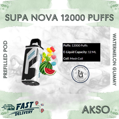 Akso Supa Nova 12000 vape pod packaging with watermelon gummy flavor, 12000 puffs, and 12 ML e-liquid capacity | SG VAPE HOUSE QQ 443