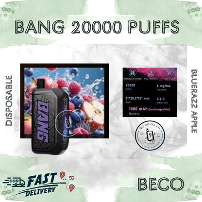 Disposable vape Beco Bang Shisha 20000 Puffs blueerazz apple flavor | Buy in Singapore-SG Vape House QQ 443