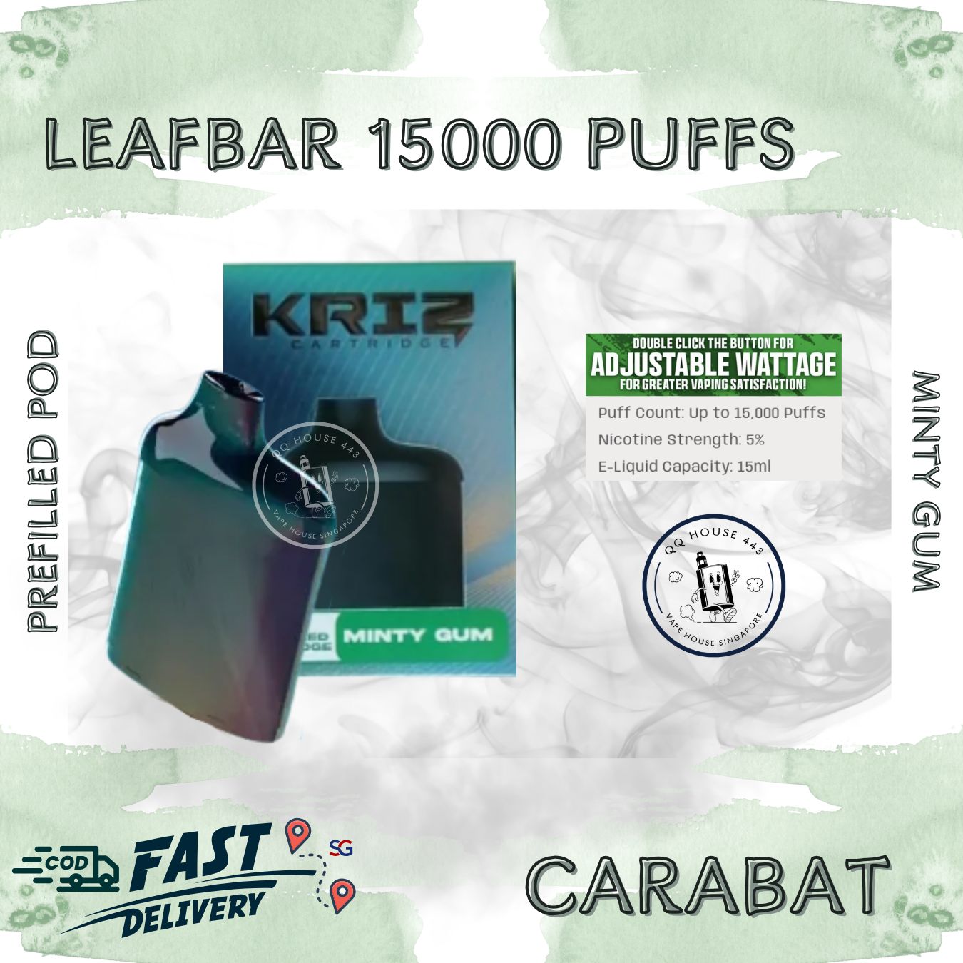 Carabat Leafbar 15000 Minty Gum prefilled pod | Buy vape from SG VAPE HOUSE QQ 443