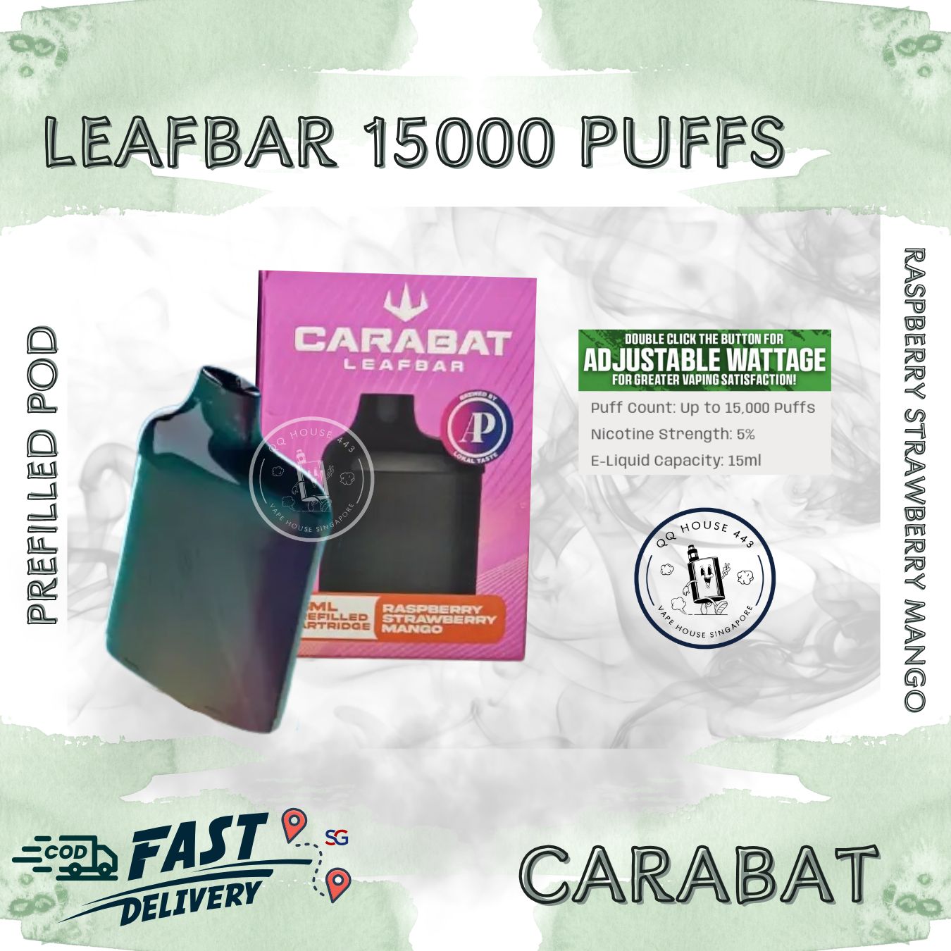 Carabat Leafbar 15000 Raspberry Strawberry Mango prefilled pod | Buy vape from SG VAPE HOUSE QQ 443