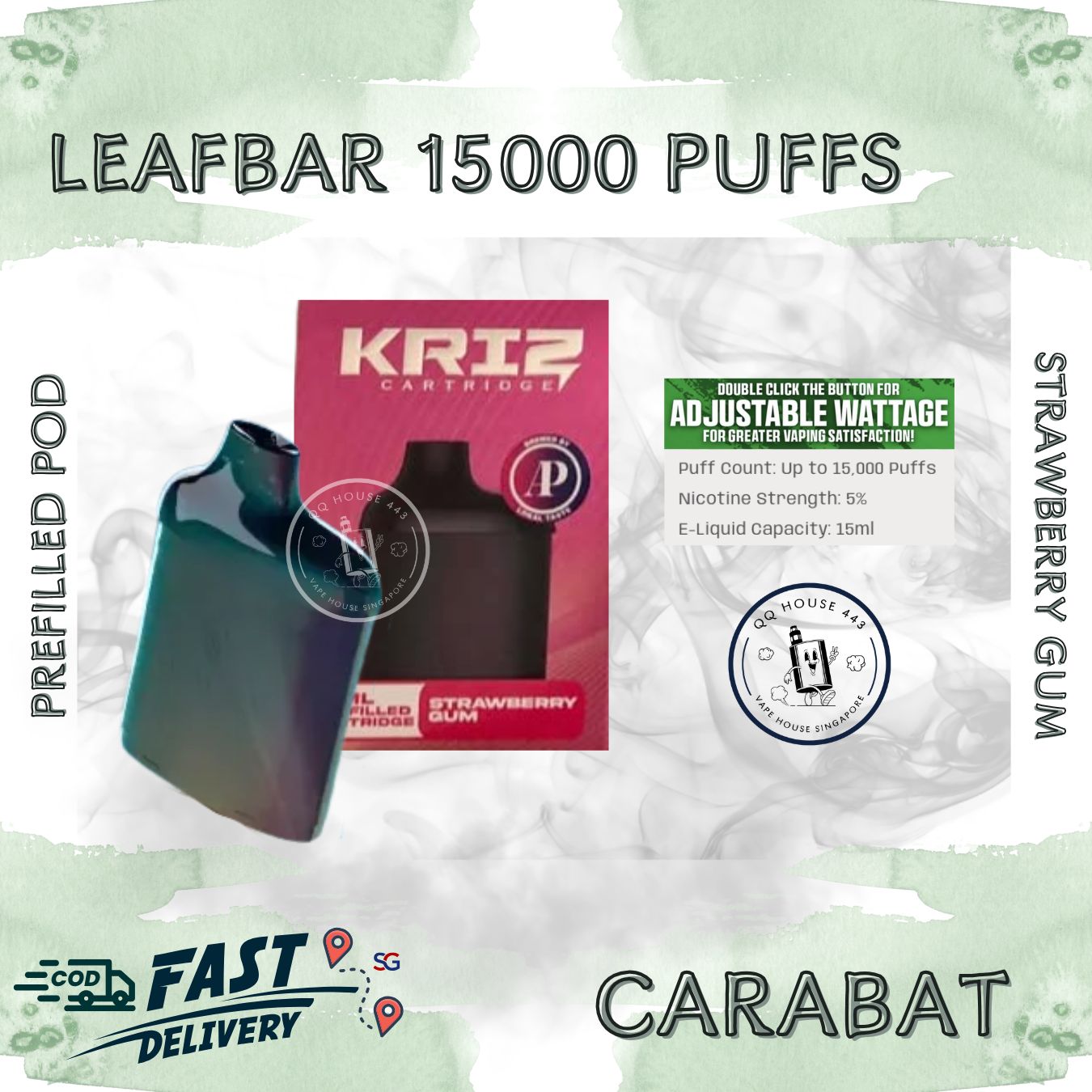 Carabat Leafbar 15000 Strawberry Gum prefilled pod | Buy vape from SG VAPE HOUSE QQ 443