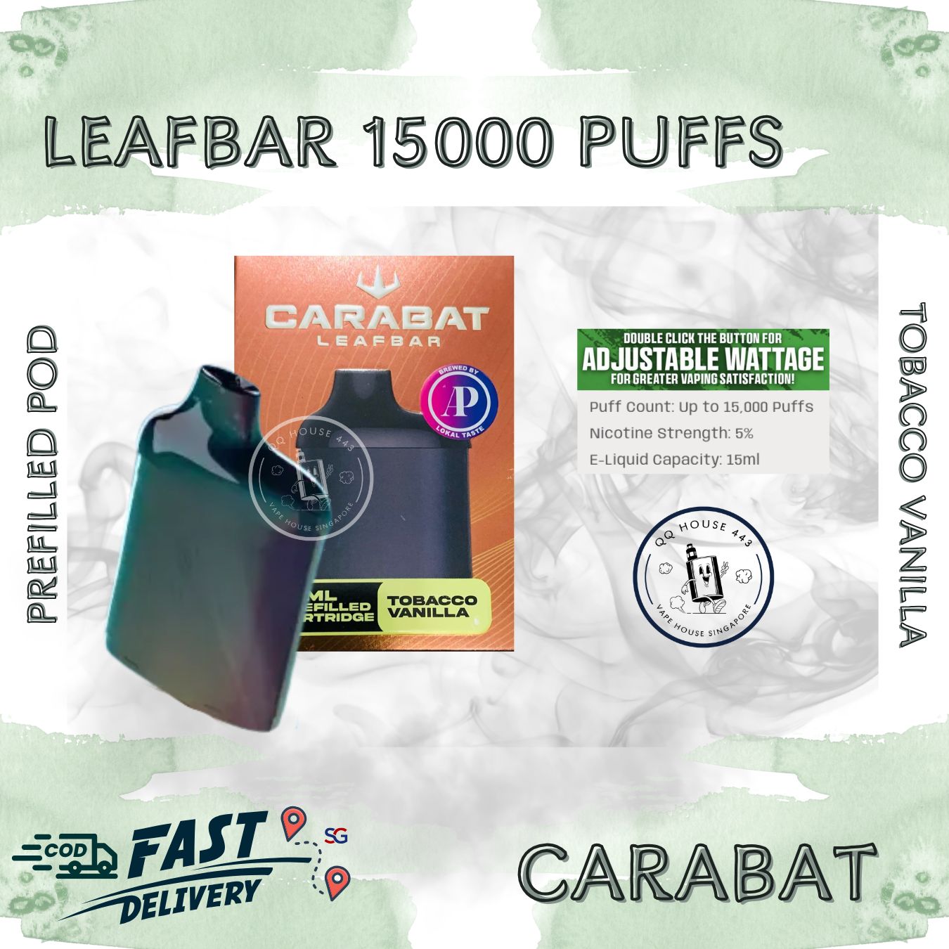 Carabat Leafbar 15000 Tobacco Vanilla prefilled pod | Buy vape from SG VAPE HOUSE QQ 443