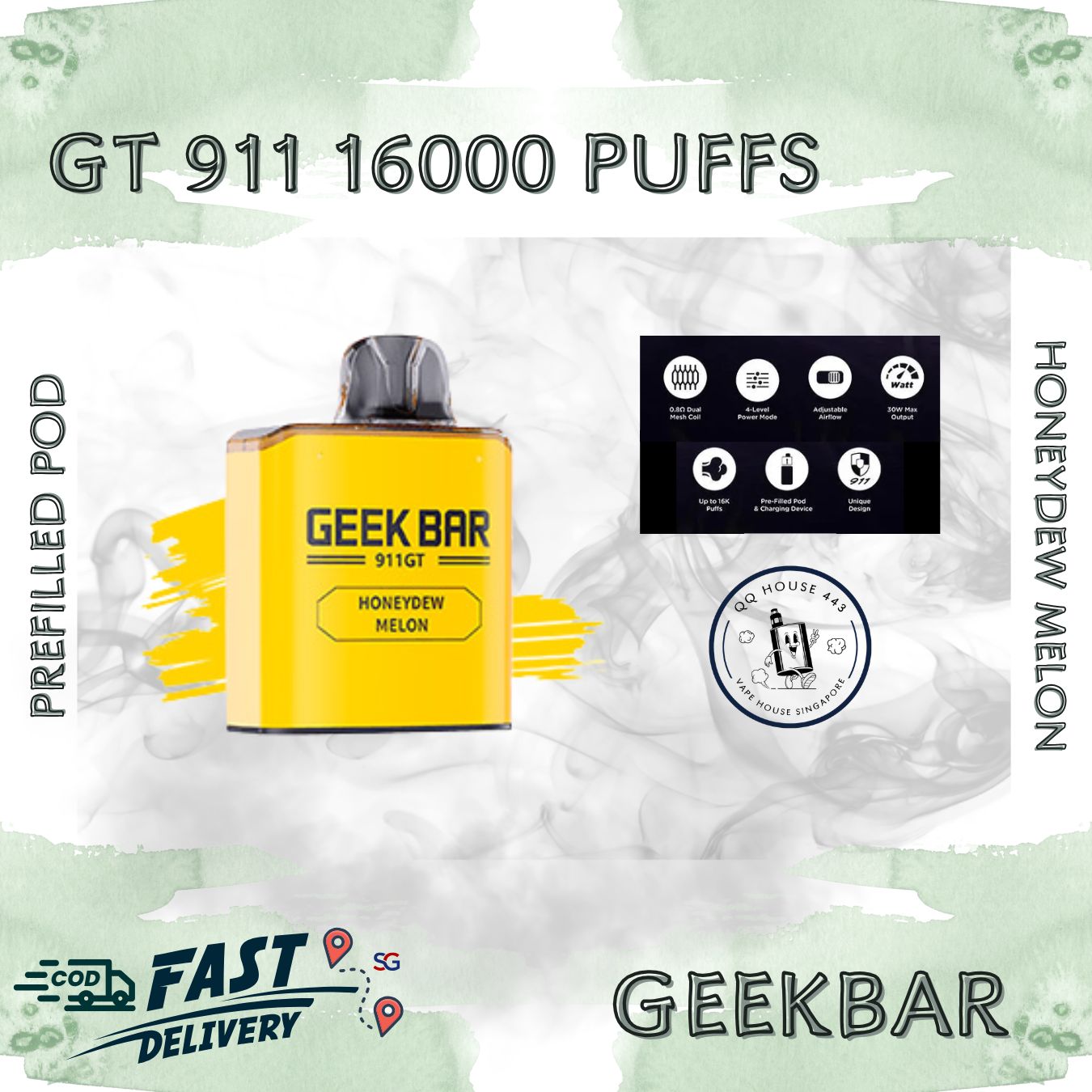 Honeydew Melon prefilled pod | Geekbar GT 911 16000 puffs | Disposable vape Singapore sold by SG VAPE HOUSE QQ 443