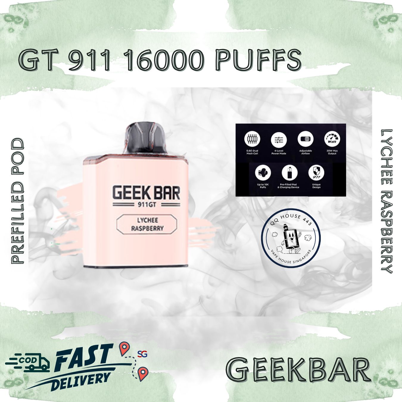 Lychee Raspberry prefilled pod | Geekbar GT 911 16000 puffs | Disposable vape Singapore sold by SG VAPE HOUSE QQ 443