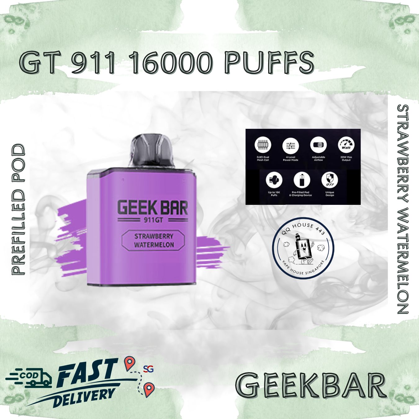 Strawberry Watermelon prefilled pod | Geekbar GT 911 16000 puffs | Disposable vape Singapore sold by SG VAPE HOUSE QQ 443
