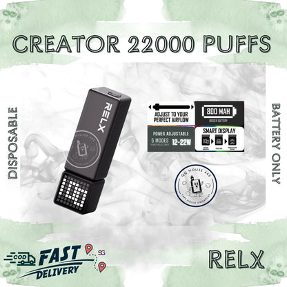 RELX disposable creator 20000 device with battery information from SG Vape House QQ 443