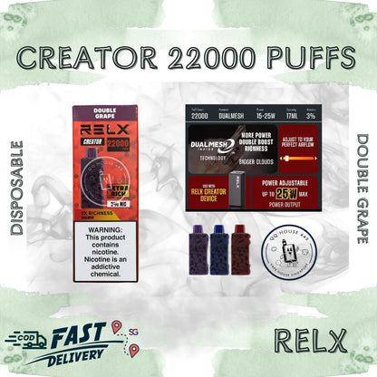 RELX Creator 22000 puffs disposable vape device packaging with double grape flavor from SG VAPE HOUSE QQ 443.