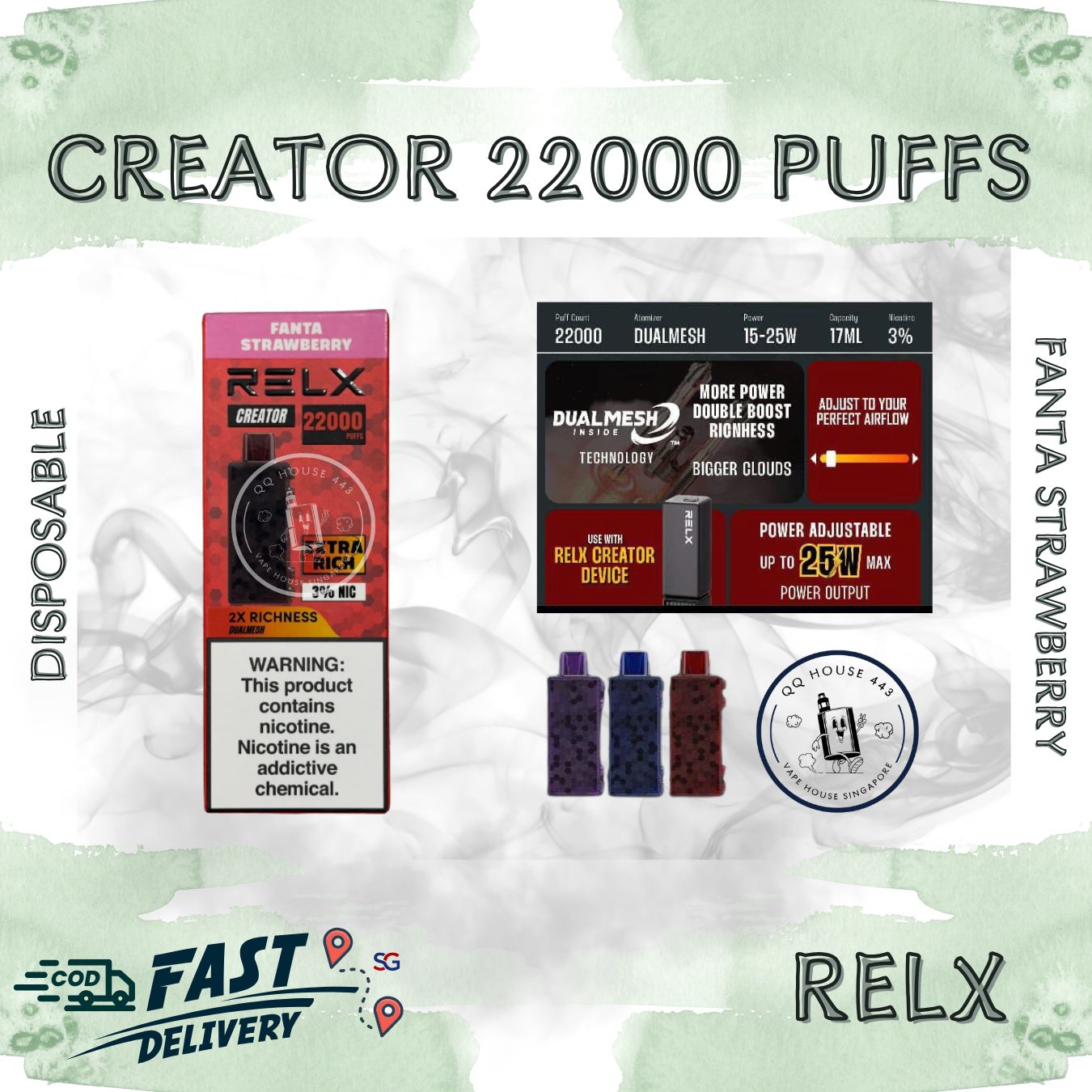 RELX Creator 22000 puffs disposable vape device packaging with fanta strawberry flavor from SG VAPE HOUSE QQ 443.