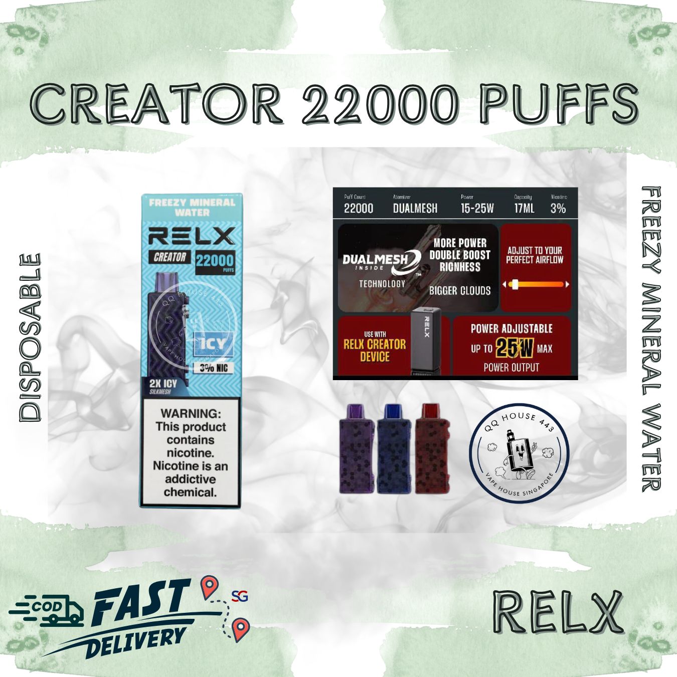RELX Creator 22000 puffs disposable vape device packaging with freezy mineral water flavor from SG VAPE HOUSE QQ 443.