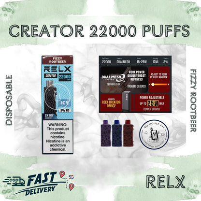 RELX Creator 22000 puffs disposable vape device packaging with fizzy rootbeer flavor from SG VAPE HOUSE QQ 443.