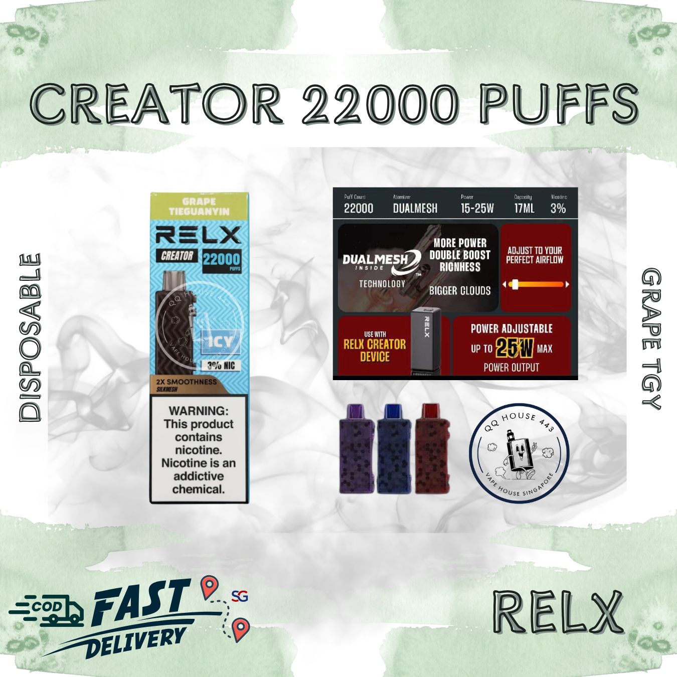 RELX Creator 22000 puffs disposable vape device packaging with Grape Tie Guan Yin flavor from SG VAPE HOUSE QQ 443.