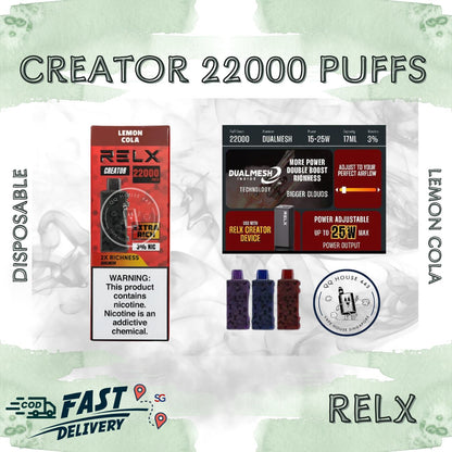 RELX Creator 22000 puffs disposable vape device packaging with lemon cola flavor from SG VAPE HOUSE QQ 443.