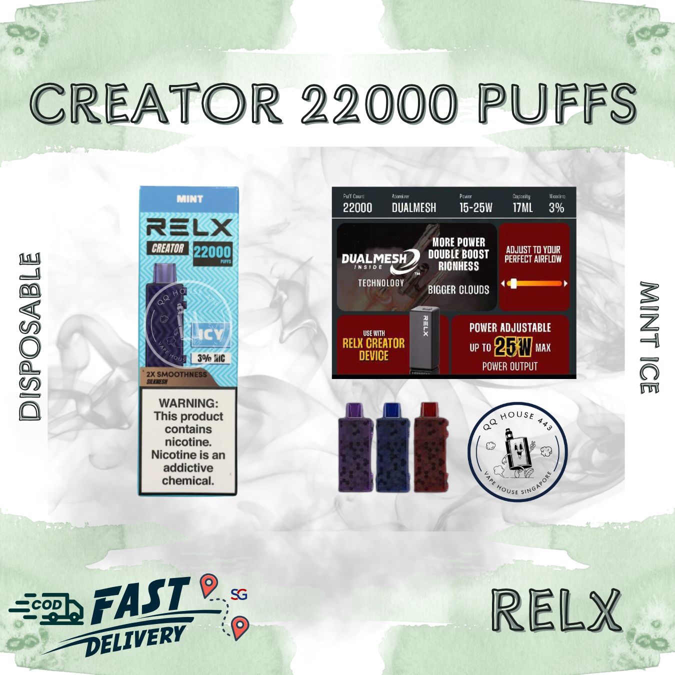 RELX Creator 22000 puffs disposable vape device packaging with mint ice flavor from SG VAPE HOUSE QQ 443.