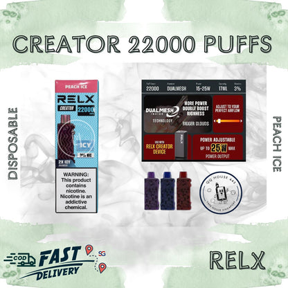 RELX Creator 22000 puffs disposable vape device packaging with peach ice flavor from SG VAPE HOUSE QQ 443.
