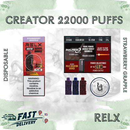 RELX Creator 22000 puffs disposable vape device packaging with strawberry grapple flavor from SG VAPE HOUSE QQ 443.