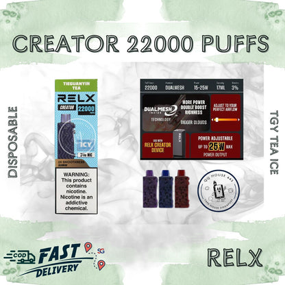 RELX Creator 22000 puffs disposable vape device packaging with tie guan yin ice flavor from SG VAPE HOUSE QQ 443.