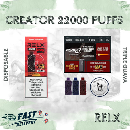RELX Creator 22000 puffs disposable vape device packaging with triple guava flavor from SG VAPE HOUSE QQ 443.