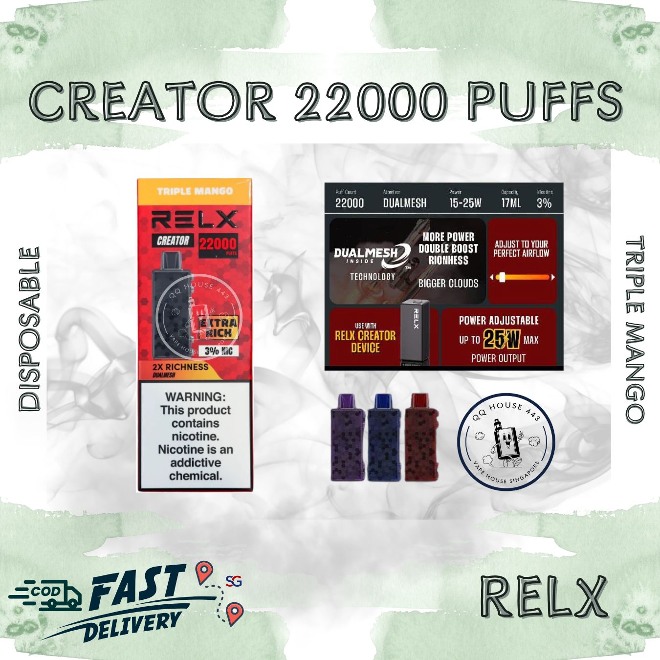 RELX Creator 22000 puffs disposable vape device packaging with triple mango flavor from SG VAPE HOUSE QQ 443.