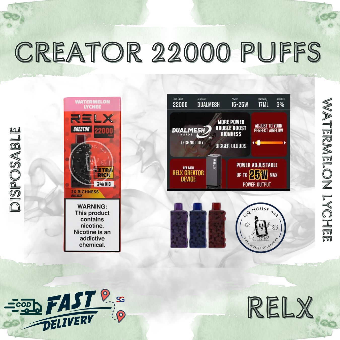 RELX Creator 22000 puffs disposable vape device packaging with watermelon lychee flavor from SG VAPE HOUSE QQ 443.