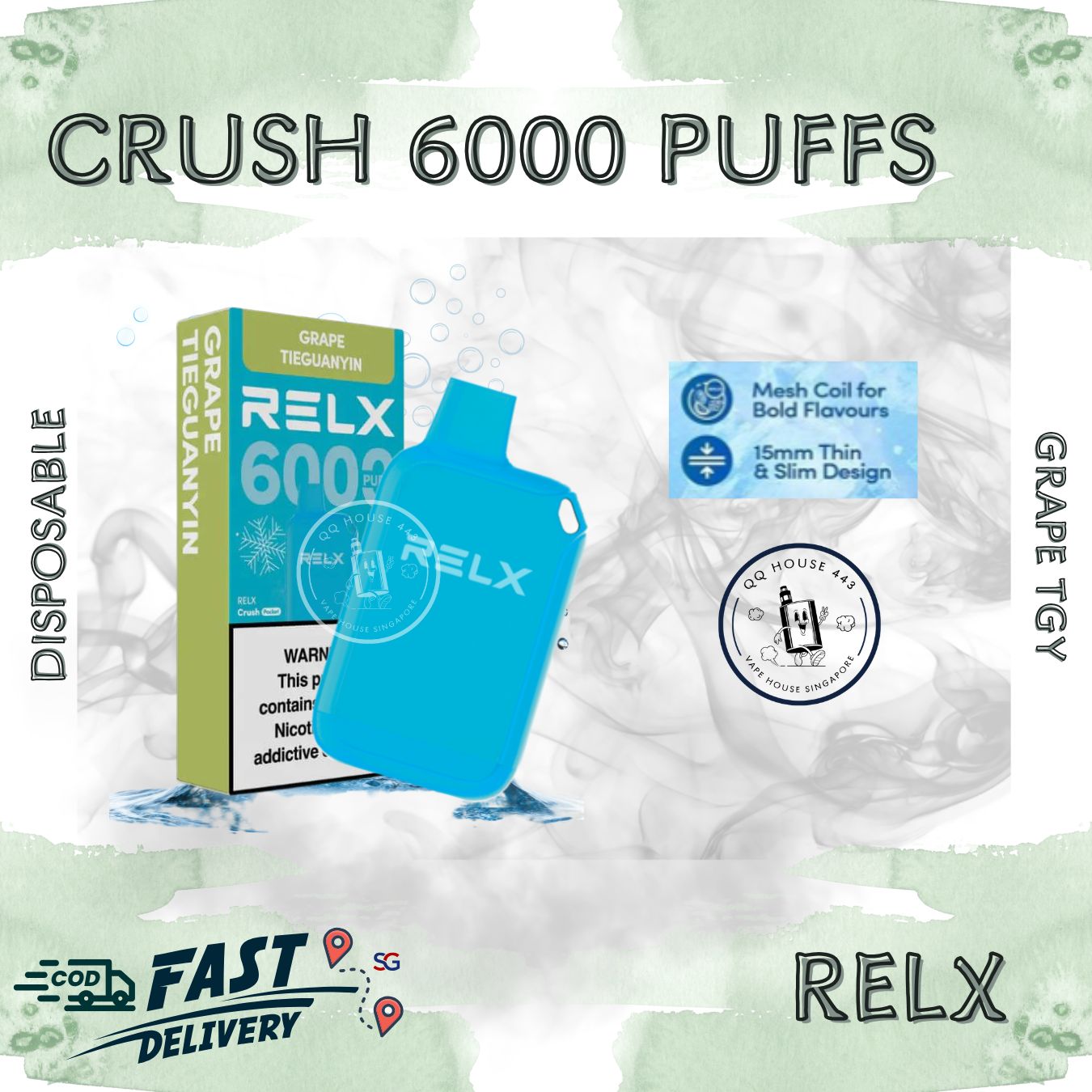 RELX disposable vape device packaging with text 'Crush 6000 Puffs' - High-quality product image, sold by SG Vape House QQ 443