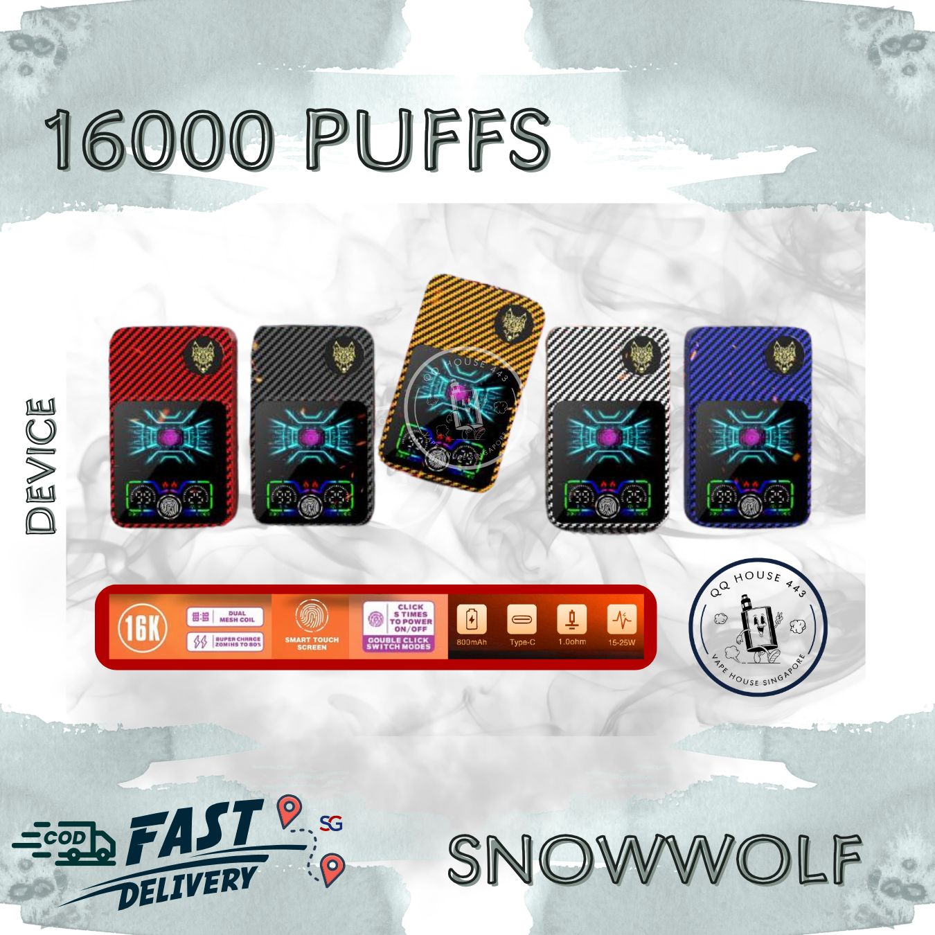 Snowwolf 16000 puffs Singapore disposable vape device option on a textured background | Buy from SG VAPE HOSUE QQ 443 