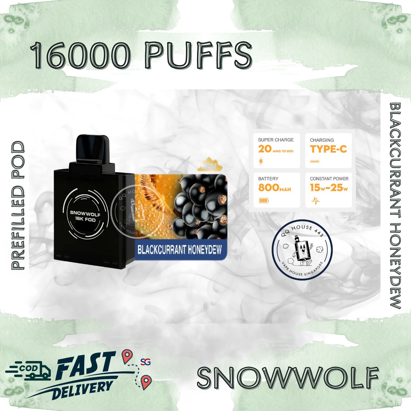 Snowwolf vape pod 16000 puffs, blackcurrant honeydew flavour | Buy from SG VAPE HOUSE QQ 443