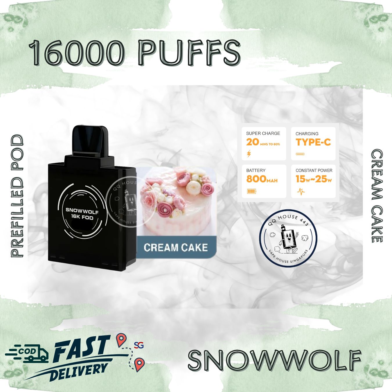 Snowwolf vape pod 16000 puffs, cream cake flavour | Buy from SG VAPE HOUSE QQ 443