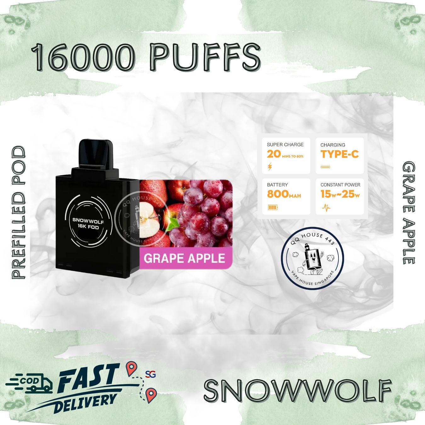 Snowwolf vape pod 16000 puffs, grape apple flavour | Buy from SG VAPE HOUSE QQ 443