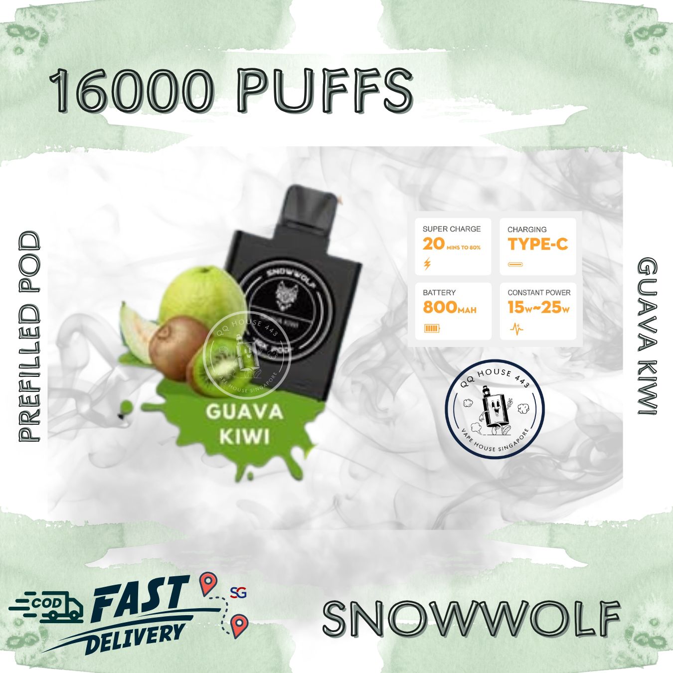 Snowwolf vape pod 16000 puffs, guava kiwi flavour | Buy from SG VAPE HOUSE QQ 443