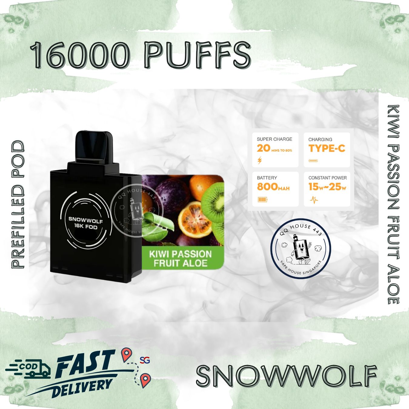 Snowwolf vape pod 16000 puffs, kiwi passion fruit aloe flavour | Buy from SG VAPE HOUSE QQ 443