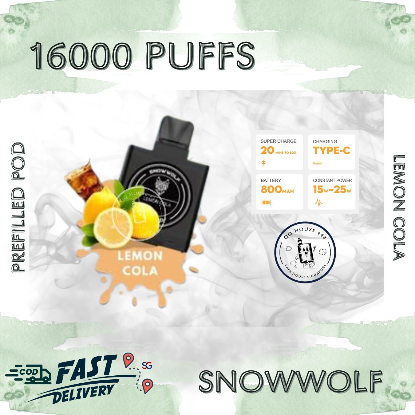 Snowwolf vape pod 16000 puffs, lemon cola flavour | Buy from SG VAPE HOUSE QQ 443