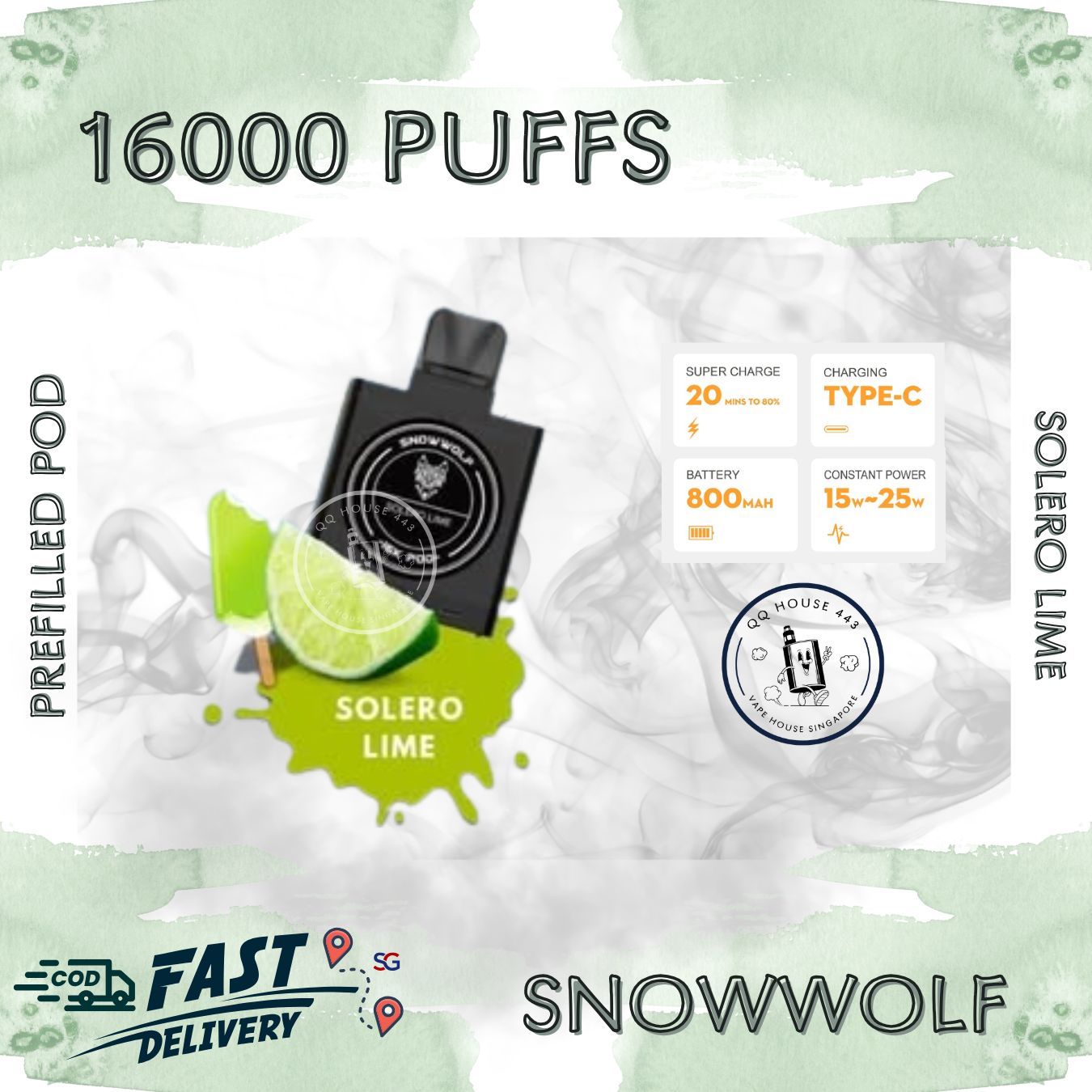 Snowwolf vape pod 16000 puffs, solero lime flavour | Buy from SG VAPE HOUSE QQ 443