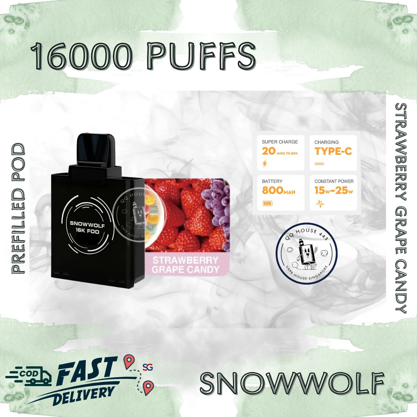 Snowwolf vape pod 16000 puffs, strawberry grape candy flavour | Buy from SG VAPE HOUSE QQ 443