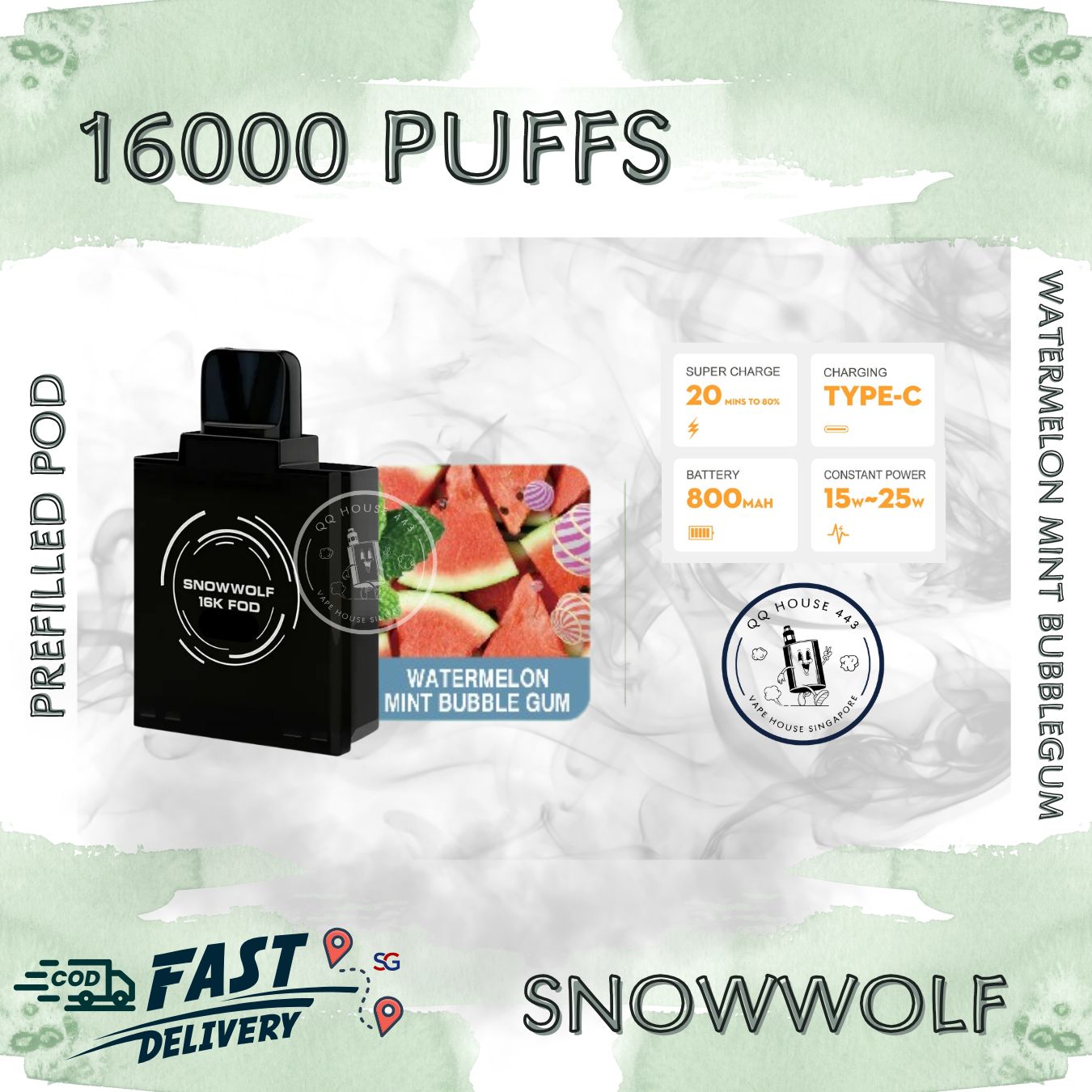 Snowwolf vape pod 16000 puffs, watermelon mint bubblegum flavour | Buy from SG VAPE HOUSE QQ 443