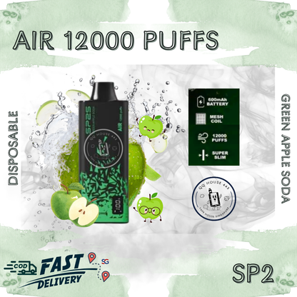 Sp2 Air 12000 disposable vape device with green apple soda flavor from SG Vape House QQ 443 