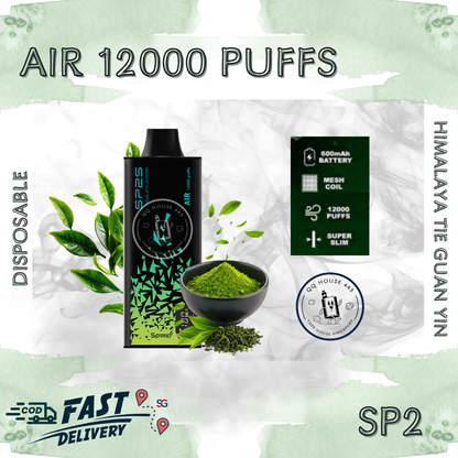 SP2 Air 12000 Himalaya Tea Guan Yin vape from SG Vape House QQ 443, smooth nicotine and long-lasting puffs