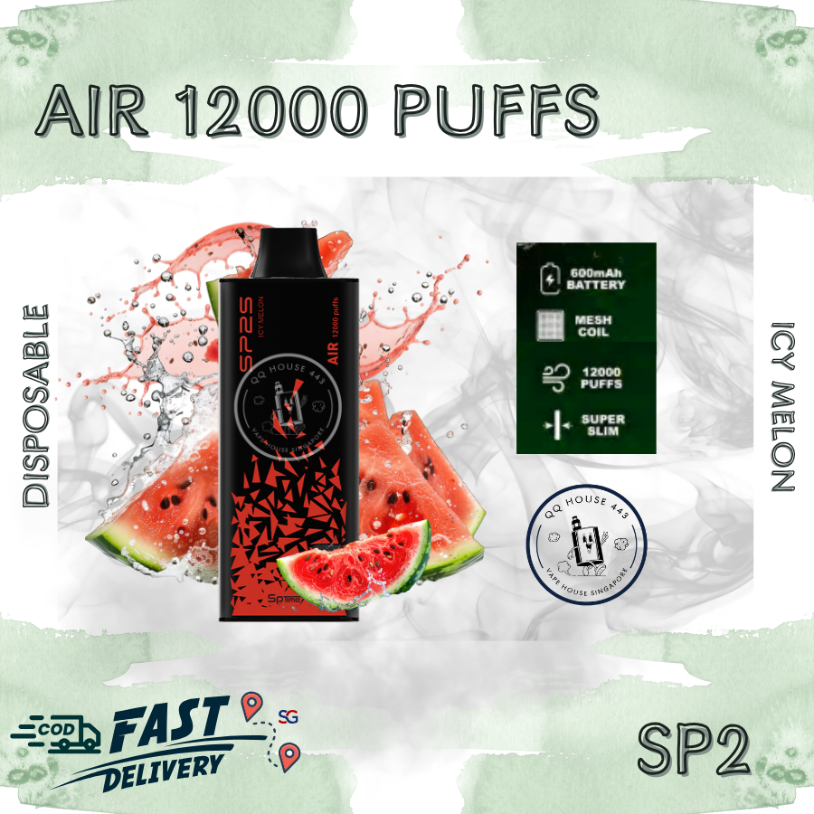SP2 Air 12000 Icy Melon vape from SG Vape House QQ 443, smooth nicotine and long-lasting puffs