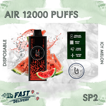 SP2 Air 12000 Icy Melon vape from SG Vape House QQ 443, smooth nicotine and long-lasting puffs