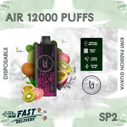 SP2 Air 12000 Kiwi Passion Guava vape from SG Vape House QQ 443, smooth nicotine and long-lasting puffs