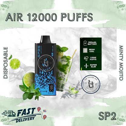 SP2 Air 12000 Minty Mojito vape from SG Vape House QQ 443, smooth nicotine and long-lasting puffs