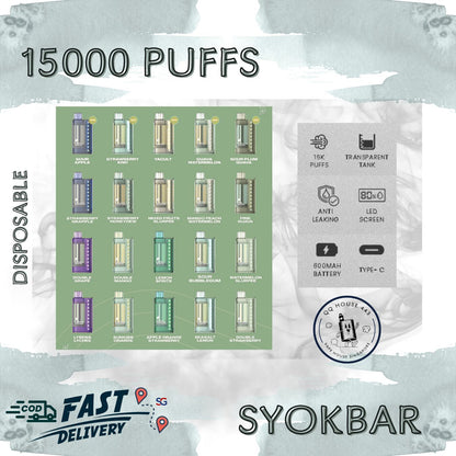SYOKBAR 15000 disposable vape devices with various flavors sold by SG VAPE HOUSE QQ 443