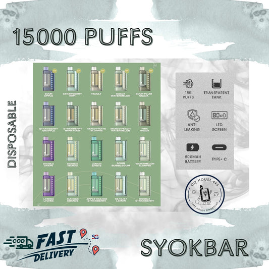 SYOKBAR 15000 disposable vape devices with various flavors sold by SG VAPE HOUSE QQ 443