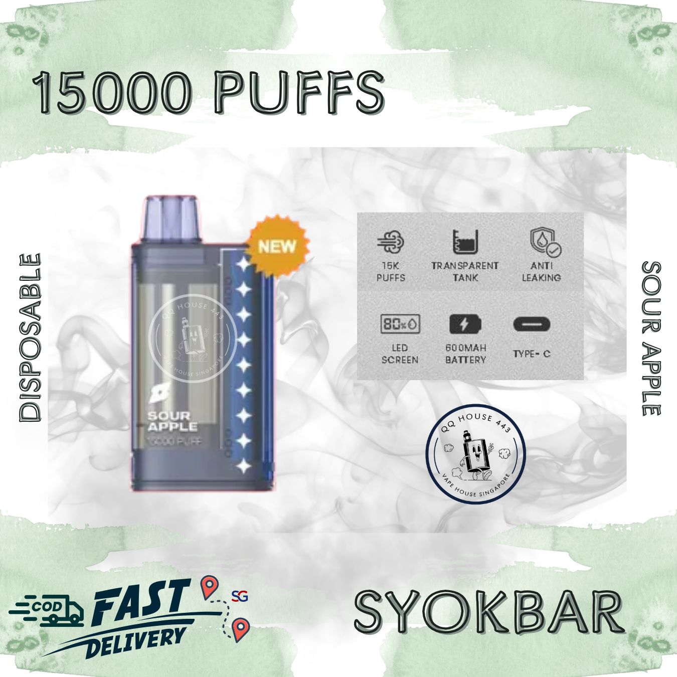Syokbar 15000 disposable vape – Sour Apple – Buy in Singapore | SG Vape House QQ 443