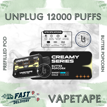 Vapetape Unplug/Offgrid 12000 Puffs disposable vape - Butter Popcorn